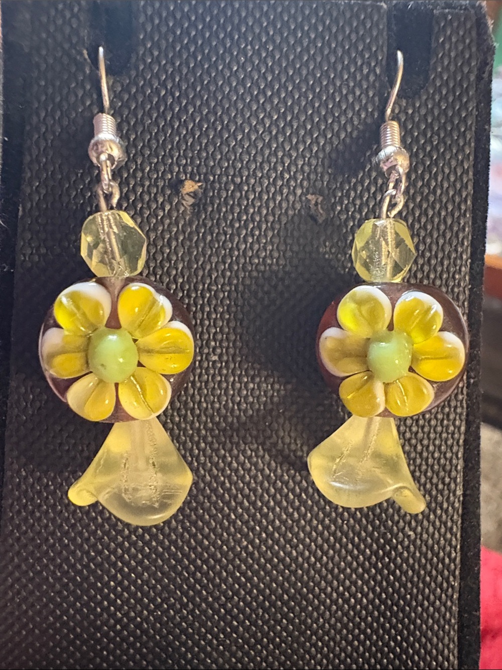 Hand Crafted Yellow Floral Lampwork Glass Drop Earrings with Green Center